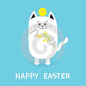 Happy Easter Greeting card. Cat holding yellow tulip flower and chicken bird set. Baby chick bird friends. Cute cartoon funny