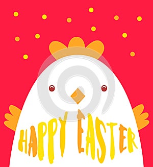 Happy Easter greeting card with chicken and colored text. Vector illustration