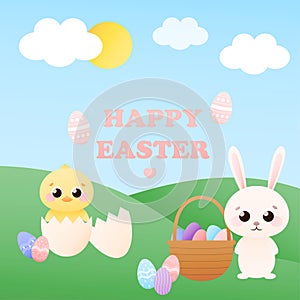 Happy easter greeting card in childish style with characters - easter bunny and chick,egg hunt, basket with eggs