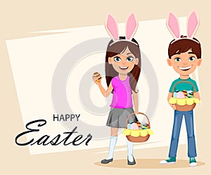 Happy Easter greeting card with children