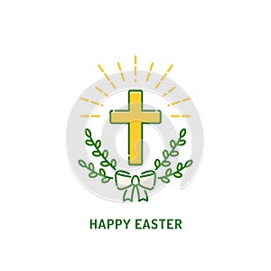 Happy Easter greeting card. Christian cross with willow. Religion holiday logo