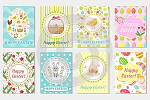 Happy Easter greeting card collection, flyer, poster. Spring cute set of templates for your design. Vector illustration