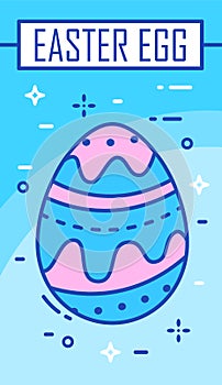 Happy Easter greeting card with colored egg on blue background. Thin line flat design. Vector banner