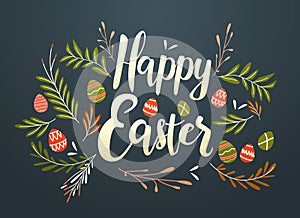 Happy Easter greeting card with colorful eggs and flowers spring holiday celebration banner horizontal