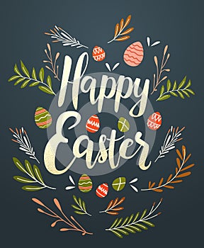 Happy Easter greeting card with colorful eggs and flowers spring holiday celebration banner vertical