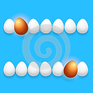 Happy easter greeting card with colorful golden egg and white eggs isolated on blue background. Vector Happy easter