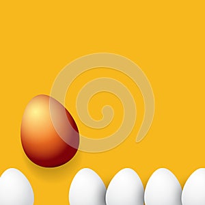 Happy easter greeting card with colorful golden egg and white eggs isolated on orange background. Vector Happy easter
