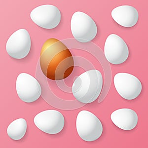 Happy easter greeting card with colorful golden egg and white eggs isolated on pink background. Vector Happy easter