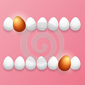 Happy easter greeting card with colorful golden egg and white eggs isolated on pink background. Vector Happy easter