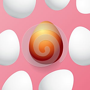 Happy easter greeting card with colorful golden egg and white eggs isolated on pink background. Vector Happy easter