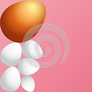 Happy easter greeting card with colorful golden egg and white eggs isolated on pink background. Vector Happy easter