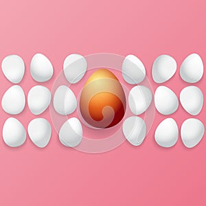 Happy easter greeting card with colorful golden egg and white eggs isolated on pink background. Vector Happy easter