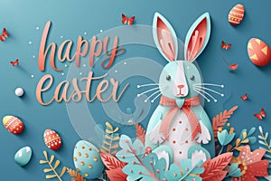 Happy Easter greeting card with cute bunny and eggs on blue background