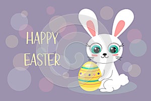 Happy Easter greeting card. Cute cartoon Bunny sitting and holding Easter colorful egg. Funny rabbit character smiling. Vector