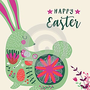Happy easter greeting card in cute rabbit cartoon in folk boho art illustration