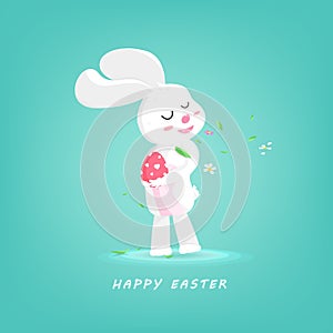 Happy Easter, greeting card, cute rabbit holding the egg in spring seasonal holiday, flower and leaves falling on the floor,
