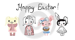 Happy Easter greeting card with cute rabbit. Vector illustration
