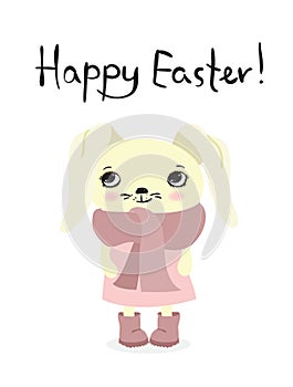 Happy Easter greeting card with cute rabbit. Vector illustration