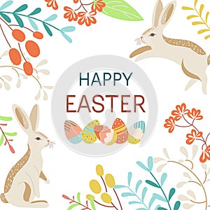 Happy Easter greeting card. Cute spring background with rabbits, eggs, flowers. Colorful flat vector templates for
