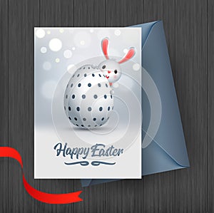 Happy Easter greeting card design, illustration of cute little bunny with easter eggs.