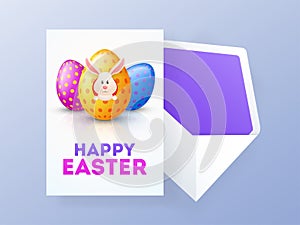 Happy Easter greeting card design with illustration of cute little rabbit and colourful eggs.