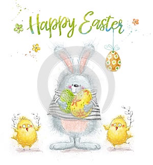 Happy Easter greeting card design.  Rabbit with eggs and with cute chickens,  flowers.