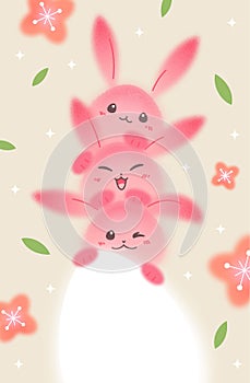 Happy Easter Greeting Card Design. Vector Cute Pink Rabbits with White Easter Egg. Cartoon Illustration with Bunnies