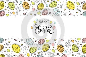 Happy Easter Greeting Card. Hand drawn Easter Eggs with decorative elements for wallpaper, flyer, poster, brochure