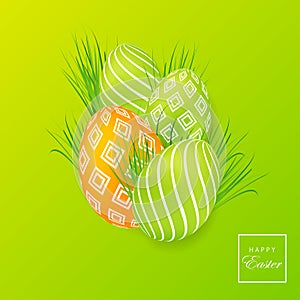 Happy Easter greeting card. Easter card with egg. Creative 3D eggs with pattern. Vector illustration