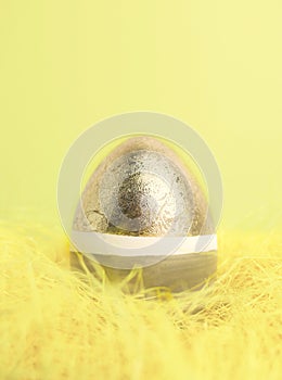 Happy Easter greeting card. Easter egg on yellow beckground with copy space