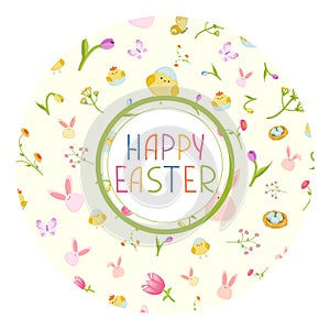 Happy Easter greeting card with easter ornaments and decorative elements. Eggs, chickens, butterfly, rabbit, flowers