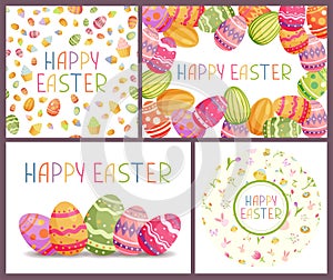 Happy Easter greeting card with easter ornaments and decorative elements. Eggs, chickens, butterfly, rabbit, flowers