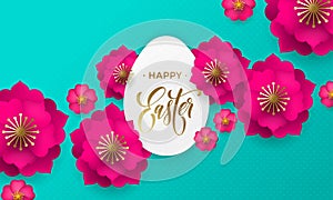 Happy Easter greeting card of egg paper cut, spring flowers and gold text on floral pattern background for Easter Hunt holiday