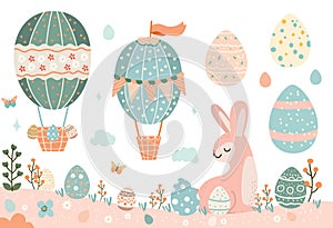 Happy Easter greeting card with eggs in air balloons shape spring holiday celebration card horizontal