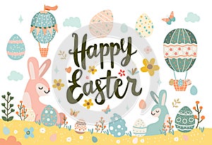 Happy Easter greeting card with eggs in air balloons shape spring holiday celebration card horizontal