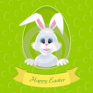 Happy Easter greeting card with eggs background and rabbit. White cute Easter Bunny peeking out of a hole.