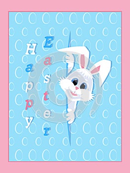 Happy Easter greeting card with eggs background and rabbit. White cute Easter Bunny peeking out of a hole. Festive Design.