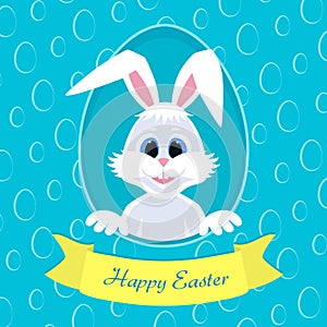 Happy Easter greeting card with eggs background and rabbit. White cute Easter Bunny peeking out of a hole. Ribbon with inscription