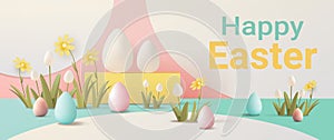 Happy Easter greeting card with eggs and flowers in pastel colors spring holiday celebration card horizontal