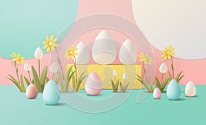 Happy Easter greeting card with eggs and flowers in pastel colors spring holiday celebration card horizontal