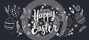 Happy Easter greeting card with eggs and flowers spring holiday celebration banner horizontal