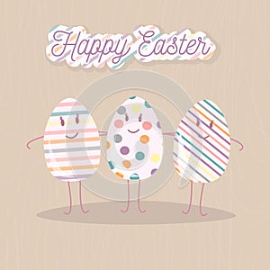 Happy Easter greeting card with eggs friends and letters. Vector concept for web sites and printed materials in cartoon