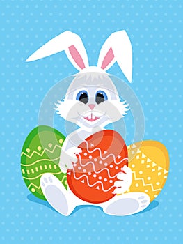 Happy Easter greeting card with eggs and rabbit. White cute Easter Bunny with colorful eggs.