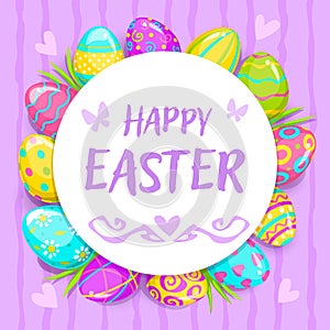 Happy Easter greeting card with eggs. Vector art.