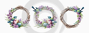 Happy Easter Greeting Card Element Set. Wreath, nest, birds and Easter Eggs. Realistic Vintage Botanical Illustration