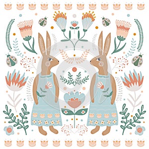 Happy Easter greeting card in folk art style. Rabbit or bunny in a dress, and floral motifs. Spring illustration.