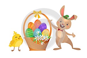 Happy Easter Greeting Card with Funny Bunny and Egg Basket with flowers. Cute Easter Bunny, Yellow Happy Chick on White Background