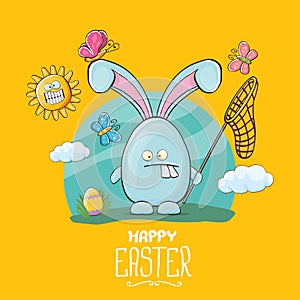 Happy easter greeting card with funny cartoon blue rabbit holding butterfly net. Easter egg hunt hand drawn concept