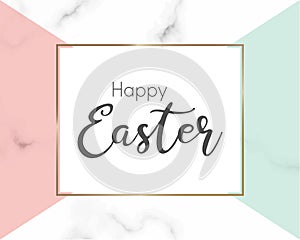 Happy Easter greeting card with golden frame on white marble background. Luxury Easter card