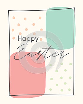 Happy Easter greeting card with golden frame on white marble background. Luxury Easter card